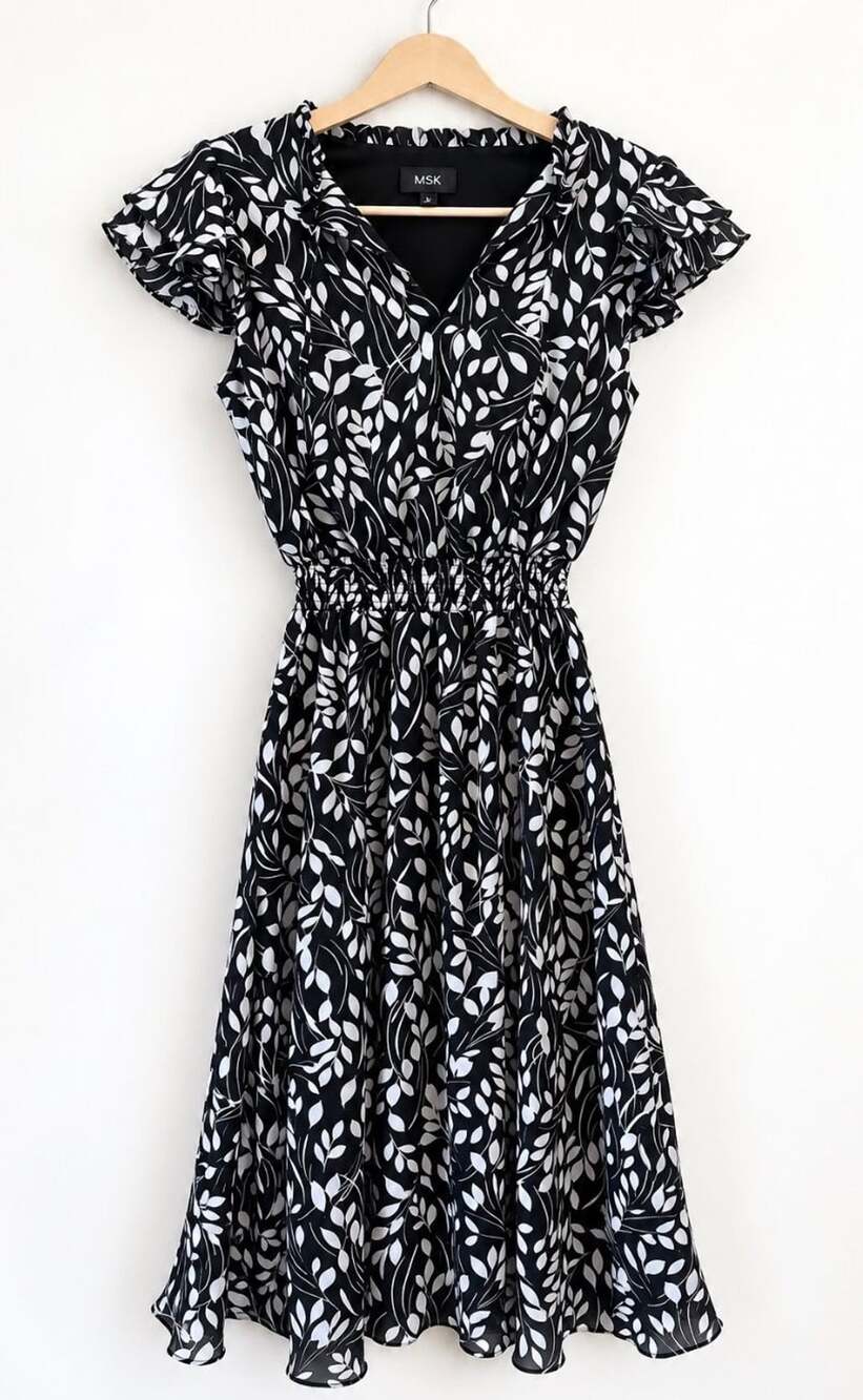 MSK Black and White Leaf Print Smocked Waist Midi Dress Size S